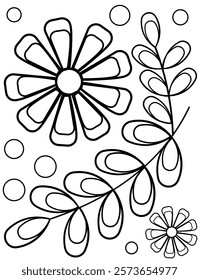 Abstract Floral Line Art Featuring Large Flowers and Dotted Accents. Black-and-white line art depicting a floral design with abstract flowers and patterns, ideal for coloring art or decorative.