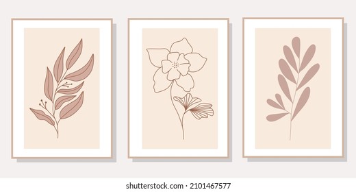 Abstract floral line art set of 3 minimalist prints. Vector design elements of nature for poster, prints, t-shirt, wall art, logo, banner, canvas prints, home decor, cover, wallpaper.