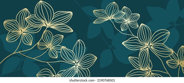 Resumen de fondo vectorial de línea floral. Papel dorado de lujo de hojas tropicales azules, flores, rama de hoja en patrón dibujado a mano. Elegante jungla botánica para banner, huellas, decoración, tela.