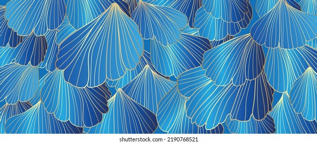 Abstract floral line art vector background. Luxury gold wallpaper of blue tropical leaves, flower petal in hand drawn pattern. Elegant gradient summer jungle for banner, prints, decoration, fabric.