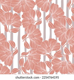 Abstract floral line seamless pattern in retro style. Delicate vintage outline flower endless background. Design for fabric, textile print, wrapping, cover. Vector illustration