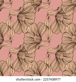 Abstract floral line seamless pattern in retro style. Delicate vintage outline flower endless background. Design for fabric, textile print, wrapping, cover. Vector illustration
