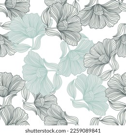 Abstract floral line seamless pattern in retro style. Delicate vintage outline flower endless background. Design for fabric, textile print, wrapping, cover. Vector illustration