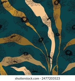 Abstract floral lines on a dark background, seamless pattern for textiles, surfaces, decorations, apparel, and wrapping.