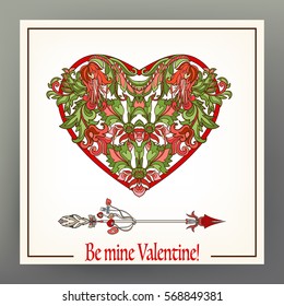 Abstract floral love heart with pattern in medieval style with arrow. This illustration can be used as a print on T-shirts, bags, tattoo, badges or patch. Stock line vector illustration.