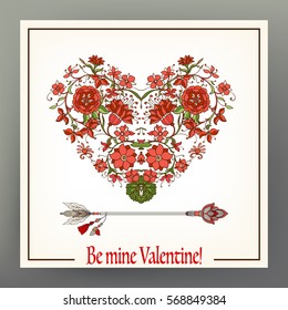 Abstract floral love heart with pattern in medieval style with arrow. This illustration can be used as a print on T-shirts, bags, tattoo, badges or patch. Stock line vector illustration.