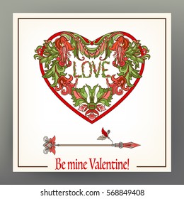 Abstract floral love heart with pattern in medieval style with arrow. This illustration can be used as a print on T-shirts, bags, tattoo, badges or patch. Stock line vector illustration.