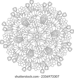 abstract floral mandala adult coloring page background tulips intricate garden flower circular design line art coloring