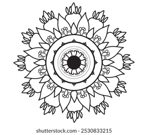 Abstract floral mandala art design,  circle alpona design, floral art design with black color on a white background for coloring book, cover, door alpona, cover page print, and various purposes.