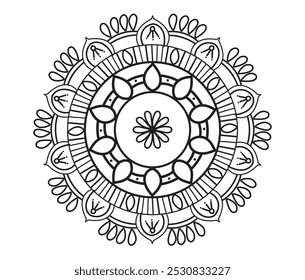 Abstract floral mandala art design,  circle alpona design, floral art design with black color on a white background for coloring book, cover, door alpona, cover page print, and various purposes.