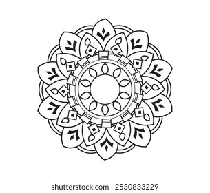 Abstract floral mandala art design,  circle alpona design, floral art design with black color on a white background for coloring book, cover, door alpona, cover page print, and various purposes.