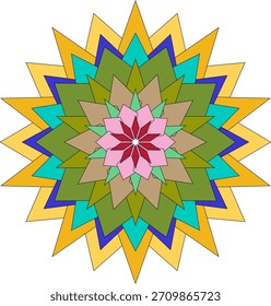 Abstract floral mandala artwork containing vibrant colorful geometric decorative details