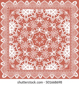 Abstract floral mandala background, geometric doodle pattern with ornate lace frame. Tribal ethnic ornament. Bandanna shawl fabric print, silk neck scarf or kerchief design, vector illustration.