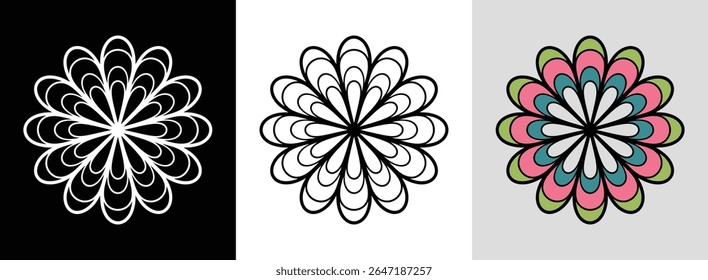 Abstract floral mandala with layered petals and dynamic color accents for stunning visual appeal.