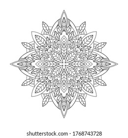 Abstract floral mandala with leaf and  middle pattern on white isolated background. For coloring book pages.