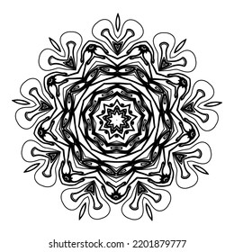 Abstract floral mandala in oriental style. Snowflake. Vector circular symmetrical illustration made with a line. A picture for coloring books for adults. Contour black and white drawing.