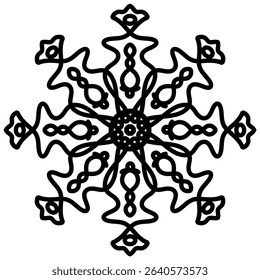 Abstract Floral Mandala Ornament with Symmetrical Curved Petals in Black Line Art