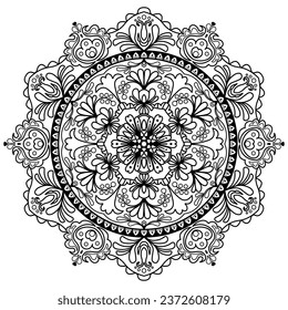 Resumen del patrón de mandala floral con motivos de arte folclórico húngaro de color negro sobre fondo blanco. Se utiliza para colorear páginas de mandala, fondos de pantalla y envolturas. Diseño de patrones decorativos vectoriales.
