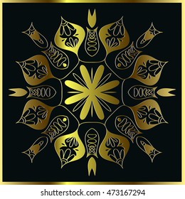 abstract floral mandala pattern of interwoven lines of golden color and a frame on a black background