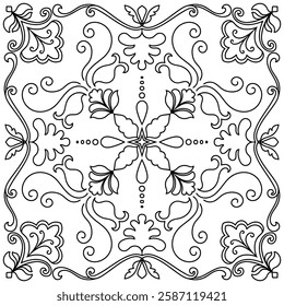 Abstract floral mandala pattern of scarf Black lines of the carpet Wallpaper