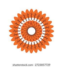 Abstract Floral Mandala Vector. Symmetrical Circular Design with Orange Petals and Black Branch Accents