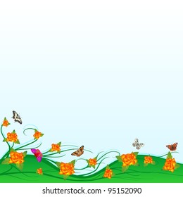An abstract floral meadow with roses and butterflies