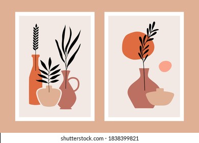 Abstract floral mid century posters. Boho contemporary wall art set hand drawn wallpapers interior decoration. Vector illustration.