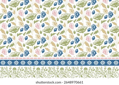 abstract floral motif based line floral seamless pattern with border drawn in fine line art for premium wrapping paper, textile design, and fashion wear applications

