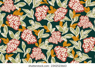 Abstract floral motif seamless pattern with colorful flowers. Hand drawn. Not AI