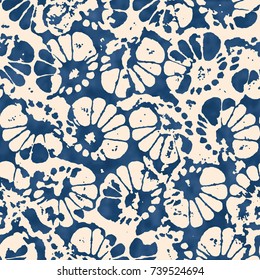 Abstract Floral Motif In Shades Of Ecru And Washed Indigo. Seamless Pattern.