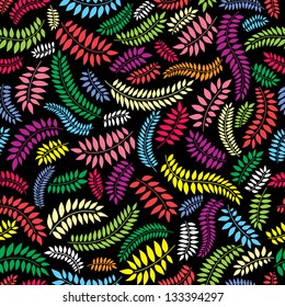 Abstract floral multicolored leaves seamless pattern on black background.
