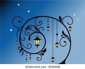abstract floral night background with lantern