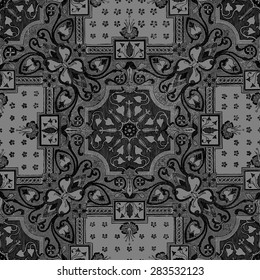 Abstract floral old mosaic tile texture vintage ethnic ornament seamless. Black and gray colors
