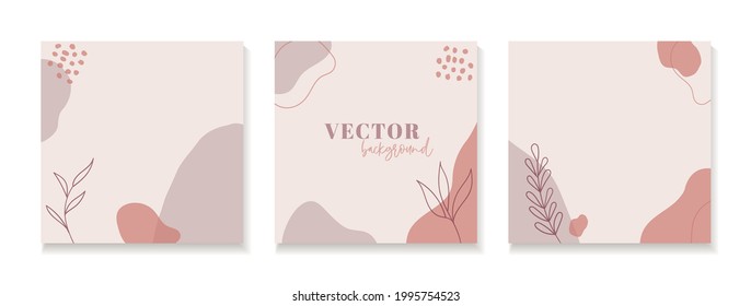 Abstract floral organic backgrounds for social media posts. Set of vector trendy minimal square templates with copy space for text