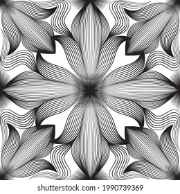 Abstract floral orient seamless pattern with black and white asian line ornament. Swirl geometric doodle texture. Ornamental wave optical effect background.