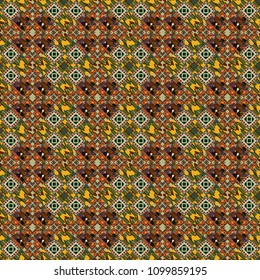Abstract floral ornament in Arabic style. Vintage abstract floral seamless pattern. Intersecting curved elegant stylized leaves and scrolls forming in beige, green and blue colors.