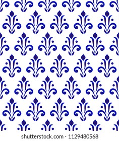 Abstract floral ornament backdrop damask style, seamless blue and white ceramic royal pattern, porcelain decorative vector background for design, tile, texture, wallpaper, fabric and silk