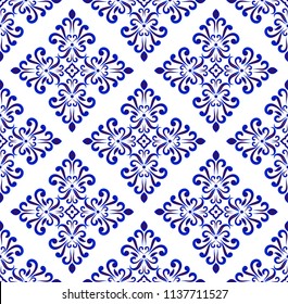 Abstract Floral Ornament Backdrop Damask And Style, Seamless Blue And White Baroque Pattern, Porcelain Background For Design, Pottery, Ceramic, Tile, Texture, Wall, Paper, Fabric, Vector Illustration