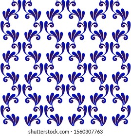 Abstract floral ornament backdrop damask style, seamless blue and white royal pattern, beautiful baroque background for design, porcelain, ceramic, tile, texture, wall, paper, fabric, vector