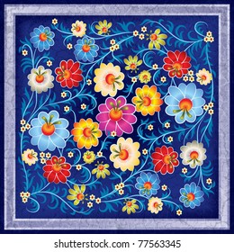 abstract floral ornament with color flowers on grunge blue background