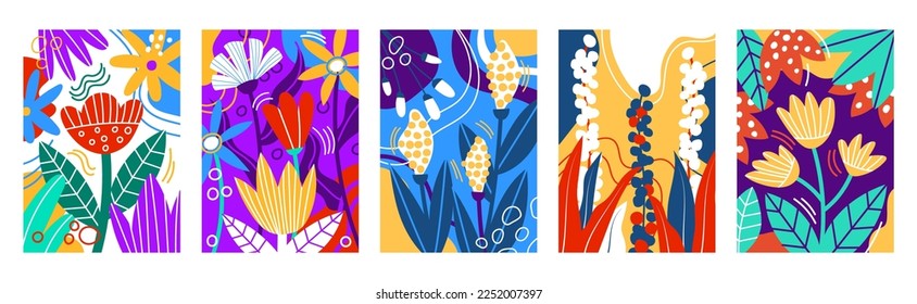 Resumen de adorno floral, colección de cubiertas de Semana Santa. Buques de arte natural de primavera, carta con flores y hojas de verano. colores brillantes, afiches de dibujo de garabatos. Fondo de diseño garish vector