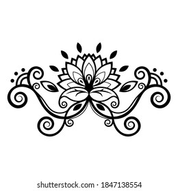 Abstrakte Blumenverzierungen, ethnische Muster, Schwarz-Weiß-Zeichnungen mit Curls, Spiralen, Blumen, dekorative Elemente, Druck, Tätowierung, Farbtracerei einzeln auf weißem Hintergrund. Vektorgrafik
