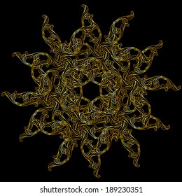 Abstract floral ornament in gold colors over black