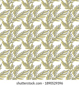 Abstract floral ornament. Hand drawn seamless pattern. Gray leaves with yellow shadow on white background. Wallpaper, wrapping, textile design