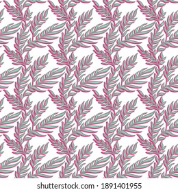 Abstract floral ornament. Hand drawn seamless pattern. Gray and mint leaves with pink shadow on white background. Wallpaper, wrapping, textile design