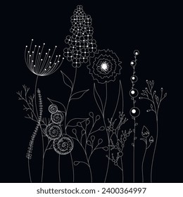 abstract floral ornament, line art, simple flowers on black background, frame for text