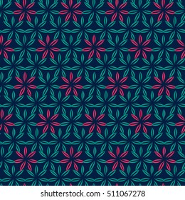 Abstract floral ornament pattern. Shape like simple flower petals. Minimal geometric seamless background texture. Light blue and purple on dark blue background. Vector design illustration.