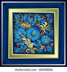 abstract floral ornament with summer flowers on blue background