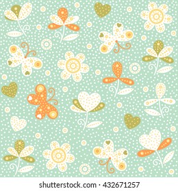 Abstract floral ornament. Summer flowers, butterflies, hearts, leaves, green grass pattern.Vector seamless baby background. Children's spring summer seasonal wallpapers. 