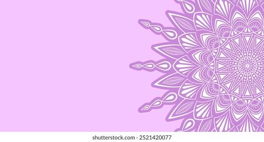 Abstract floral ornament, violet mandala on pastel purple background with copy space, ornamental wallpaper design.